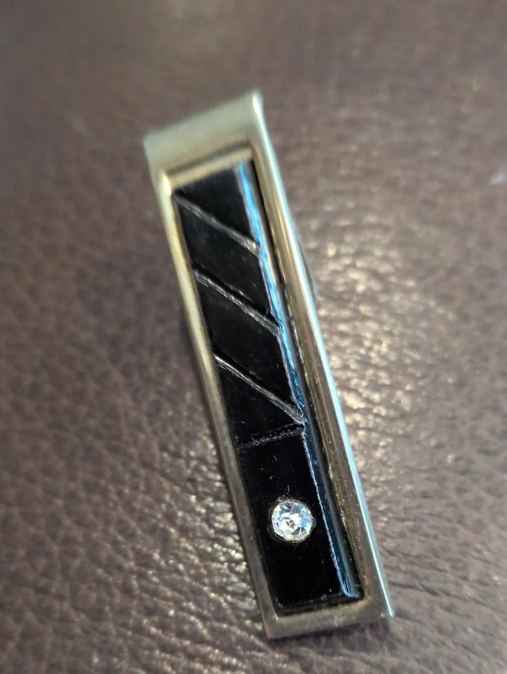 Men's Black and Silver Tie Clip with Black Inlay and Accent Stone